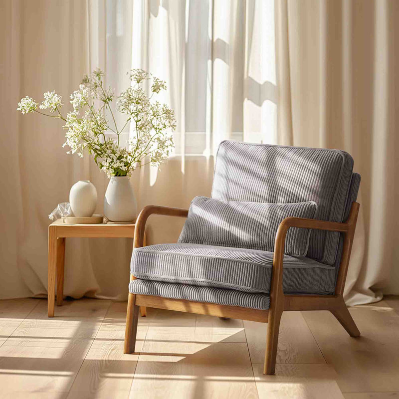 Upholstered Corduroy Accent Chair, Light Grey