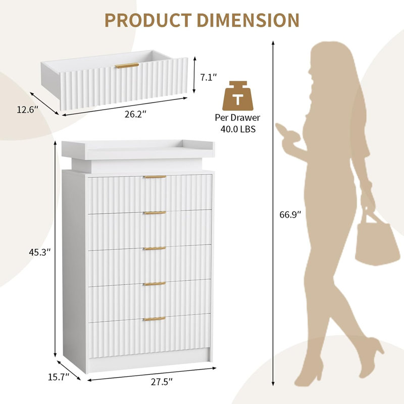 Vertical Dresser With Led Light And Five Buffer Drawers,Fluted Panel,Socket And Fence On The Top,Anti Dumping Device,Suitable For Bedroom,Living Room And Porch