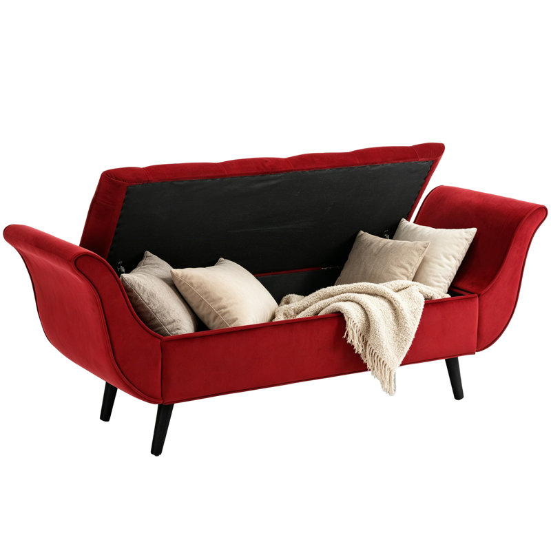 Banc de rangement en velours capitonné de 65,03 pouces avec banc de bout d'entrée, banc Mid-Century moderne rembourré avec pieds en bois massif, banc de rangement caché pour hall d'entrée, chambre à coucher et salon