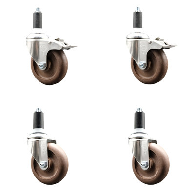 4 Inch 316SS High Temp Glass Filled Nylon 1-1/4 Inch Stem Caster Set 2 Lck Brake
