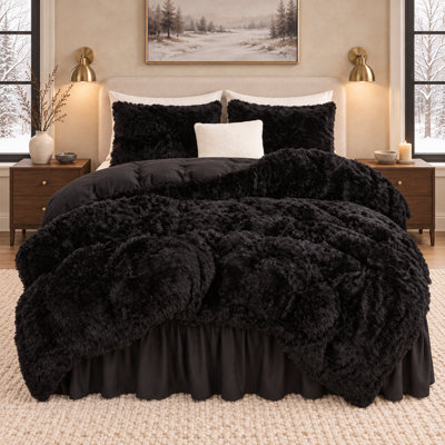Queen Comforter Set Black, Fluffy Winter Faux Fur Warm Soft Plush Bedding Comforter Set (1 Velvet Comforter & 2 Pillowcases), Fuzzy Thick Heavy Puffy Comforters Bed Set
