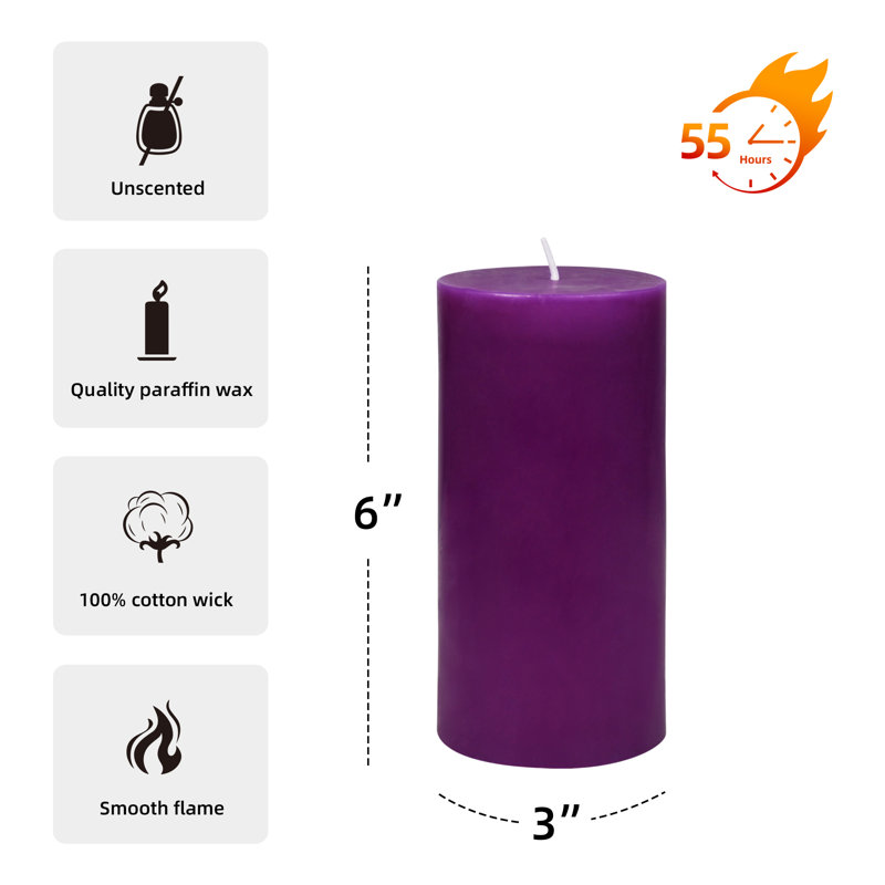 Bougie pilier sans parfum sans paraffine sans fumée, Mauve, H 6 po x D 3 po, 1 bougie