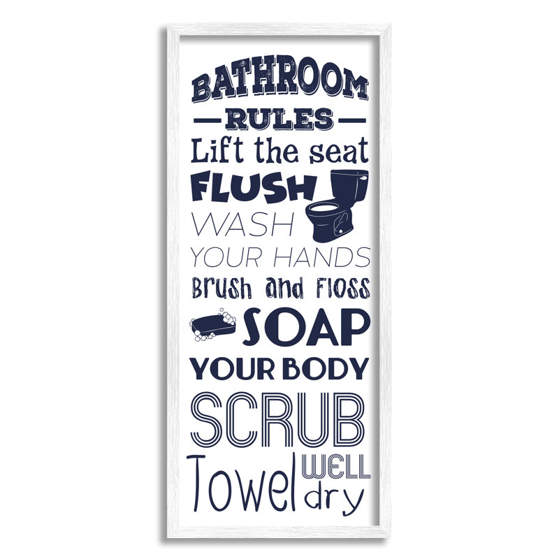 «Bathroom Rules», bleu marine, papier hygiénique, savon par Marcus Prime - Art textuel, H 30 po x l 13 po