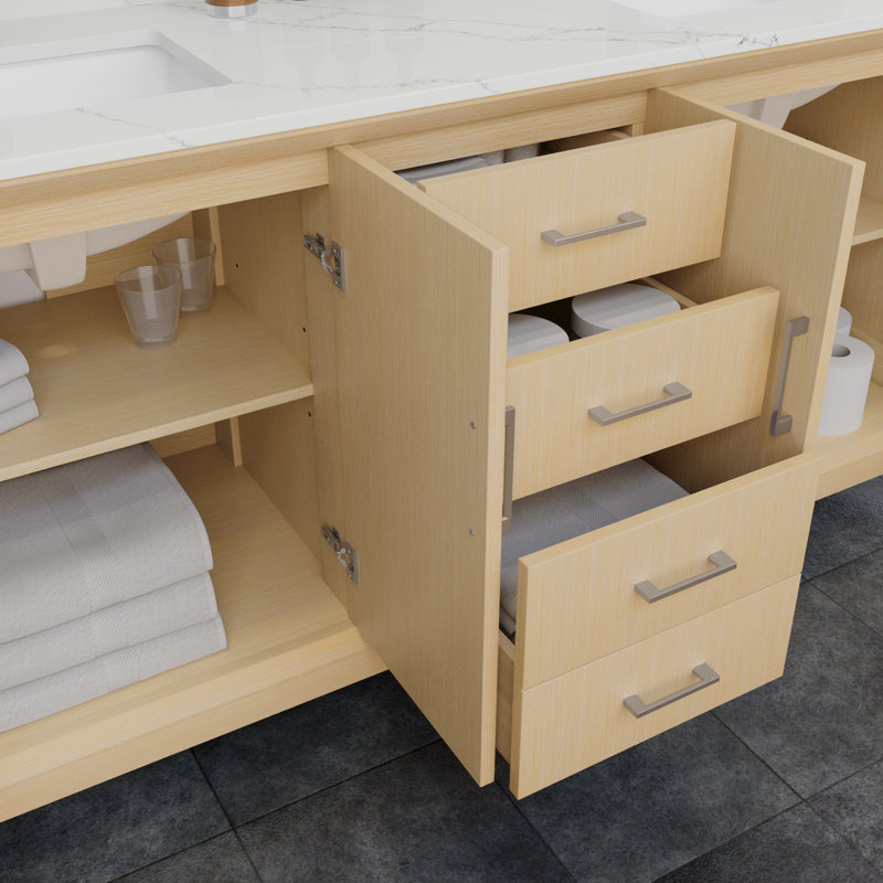 Meuble-lavabo double autoportant 72 po avec plateau en quartz Janna, Nickel brossé, Quartz Giotto, Simple