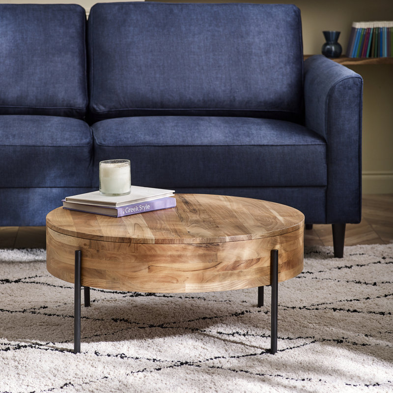 Rowan Solid Acacia Wood & Metal Round Coffee Table - Modern Rustic Minimalist Design