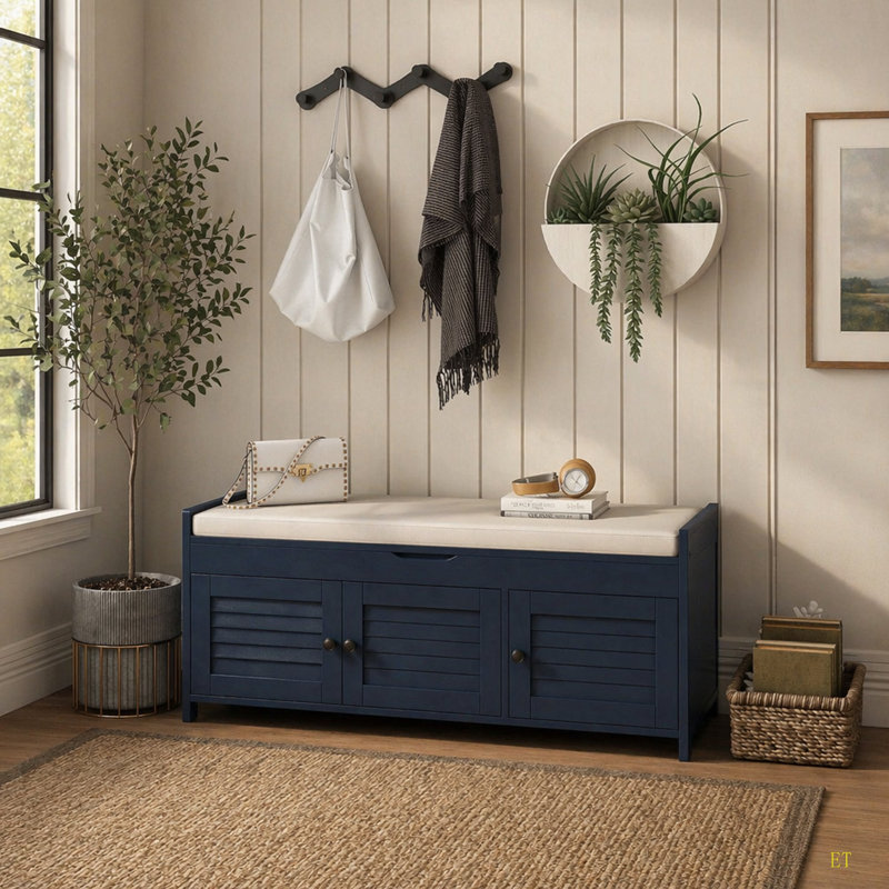 Banc de rangement avec 3 portes en forme de volet, banc à chaussures avec coussin amovible et espace de rangement caché