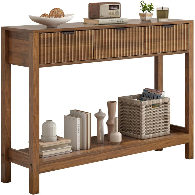 Wooden Fluted Console Table Sofa Table Brown, Brown