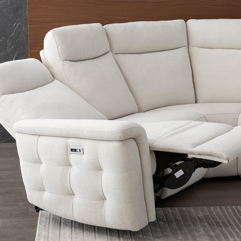 Upholstered Power Reclining Curved Sectional, Beige Fabric