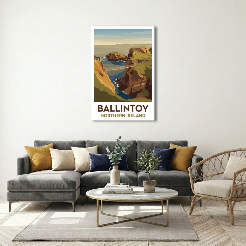 Ballintoy, Northern Ireland - Romantic Coastal Travel Poster Of Cliffs, Cove And Rope Bridge. Giclee Print On Wrapped Canvas. Wall Art, Home Decor - Cities & Towns, Northern Ireland - Wrapped Canvas Print