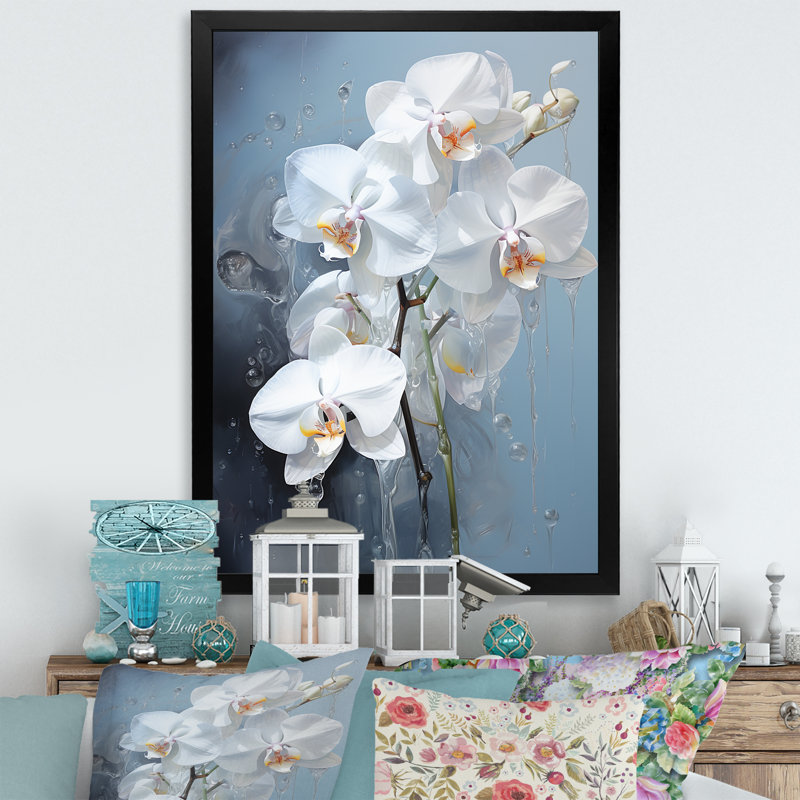 Orchidée bleue et blanche sur fond de tranquillité, Cadre simple noir, H 32 po x l 16 po x P 1 po