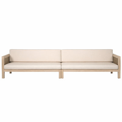 Orvendra Modern Coastal 4-Seater Outdoor Patio Sofa with Vietnam Acacia Wood Frame, PE Wicker Accents & Water-Repellent Cushions