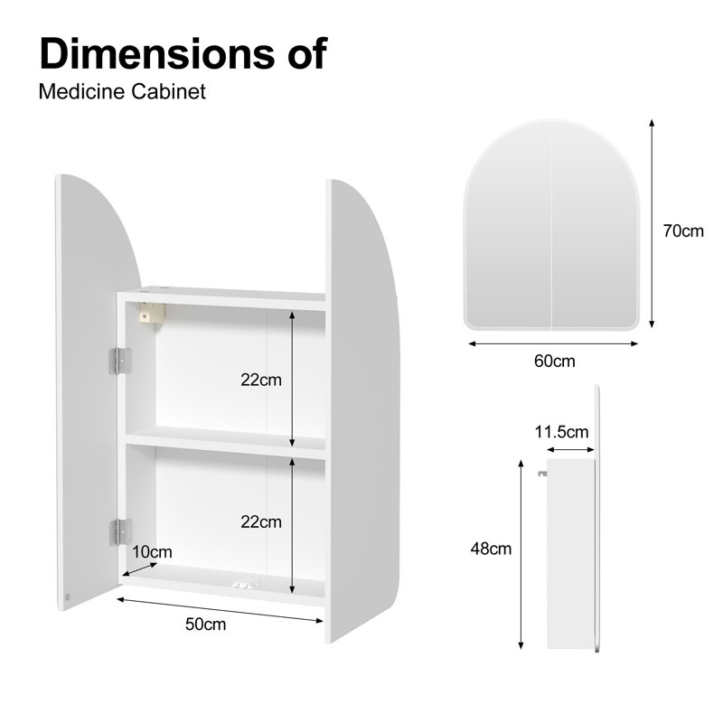 60 Wx 70 H cm Arched 2 Door Mirror Cabinet, 60 × 70 × 11.5 cm