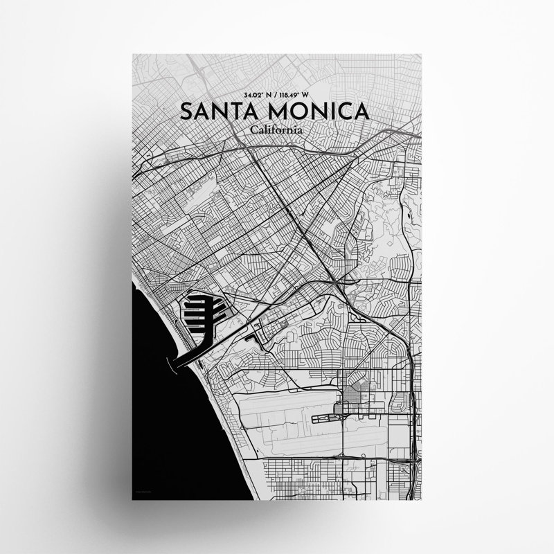 Santa Monica, carte de la ville, impression, H 17 po x l 11 po, Noir et blanc