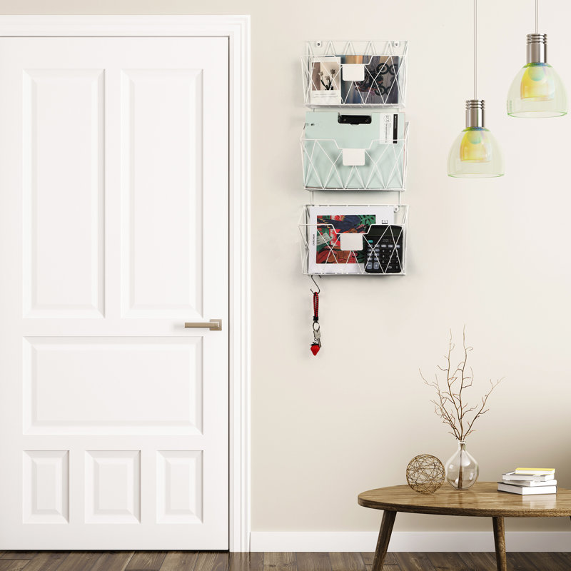 Wall Mounted File Rack For Office With Hooks, Set Of 6, White