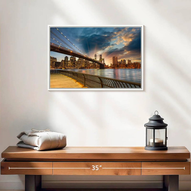 Soleil de Brooklyn Bridge, 19 po x 13 po, Cadre flottant blanc