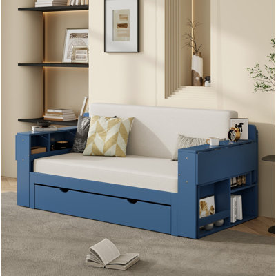 Lit de jour double avec bureau amovible, tiroirs de rangement et table d'appoint hydraulique, bleu