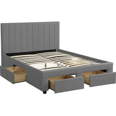 Lit plateforme avec rangement en lin gris à 4 tiroirs, structure de lit tapissier capitonnée, aucun sommier requis, grand