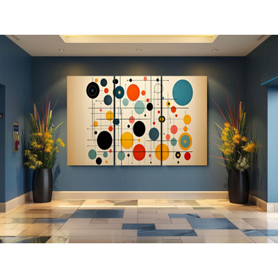 Triptych Canvas Wall Art – Mid-Century Modern Circle Triptych Wall Art Canvas Set - Retro Colorful Circles for Eclectic Home Decor Vibrant 3-Panel Artwork, Painting Reproduction