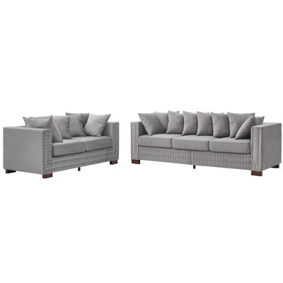 Décoration moderne en velours à 5 places avec accoudoirs carrés décorés de clous argentés, coussins confortables rembourrés de ressorts hélicoïdaux, housses de coussin amovibles, rangement inférieur, repose-pieds en bois massif 2 + 3 places gris