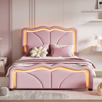 Upholstered Platform Bed With Curve Shaped And Height-Adjustbale Headboard,LED Light Strips