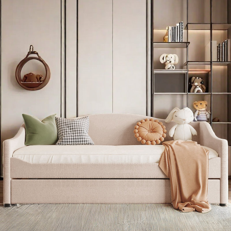 Taomi Upholstered Daybed with Light and Trundle, Beige, Twin