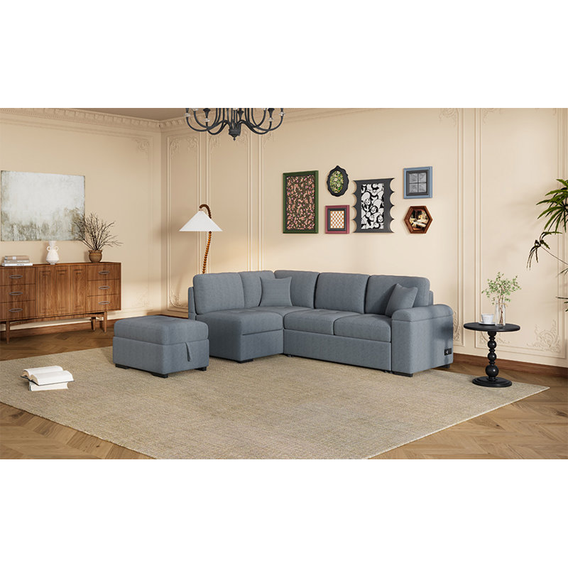 Canapé-lit modulaire en forme de L, canapé-lit d'angle en forme de L avec repose-pieds avec rangement et accoudoirs cachés et charge USB pour le salon