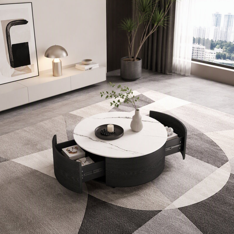 Table basse ronde mobile 29,5 "avec roulettes, plateau en pierre frittée à motif marbré, 2 tiroirs de rangement, table de salon moderne