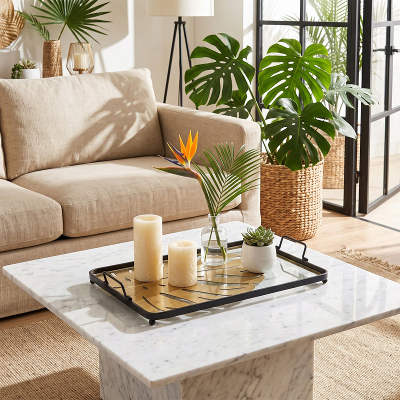 Plateau miroir doré avec poignées, plateau de service décoratif pour table basse, meuble-lavabo et fourre-tout d'entrée