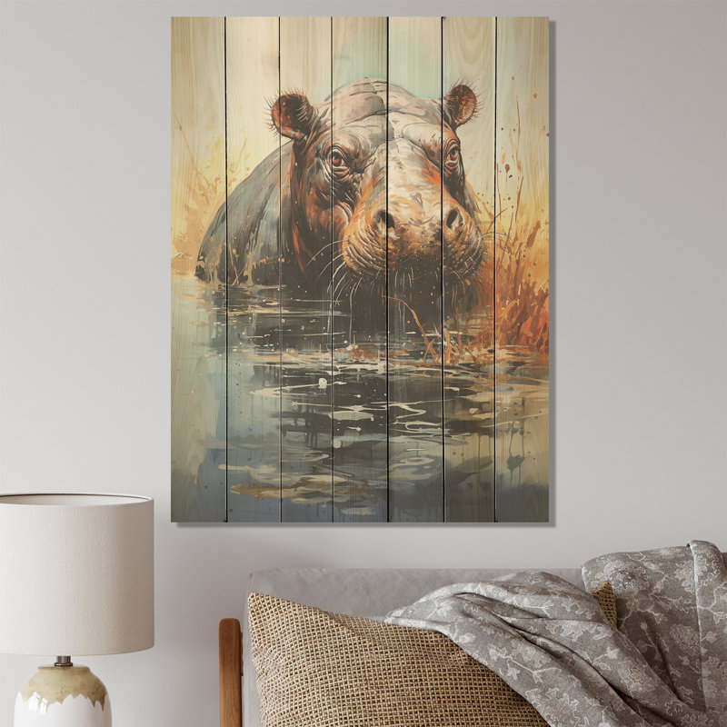 Gris majestueux hippopotame élégant - Hippopotame sur bois, H 20 po x l 10 po