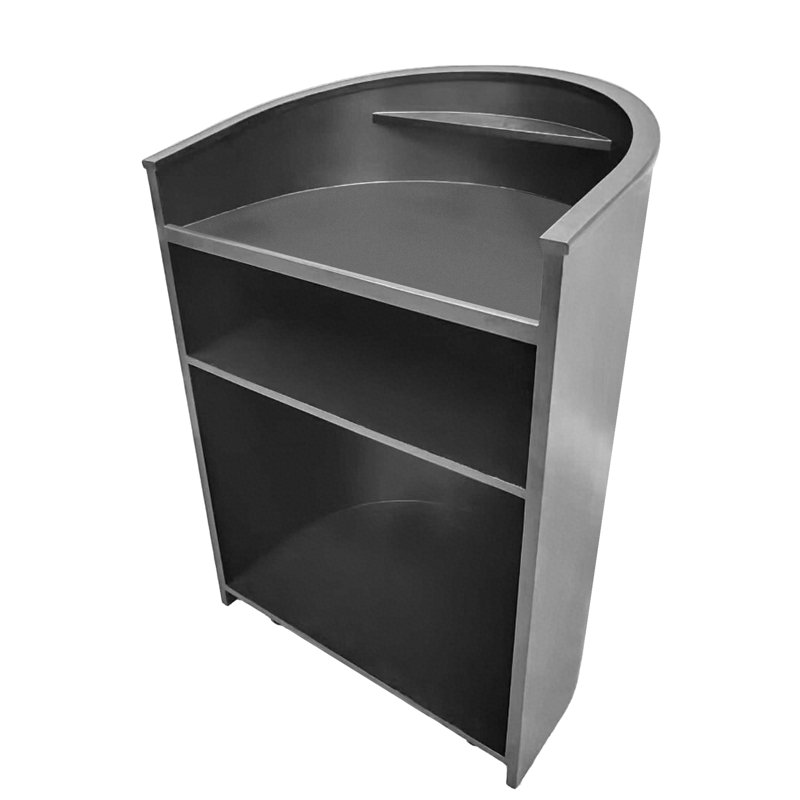 Large Black MDF Curved Mobile Podium with Shelving