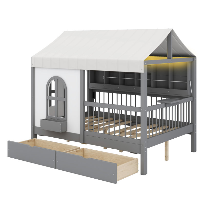 Lit House avec 2 grands tiroirs, bibliothèque latérale avec bande DEL, Gris