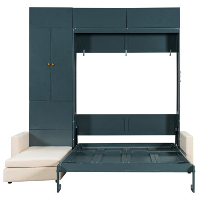 Wall Bed Queen Size With And Shelves, Panel, Beige , Space - Saving For Small Multipurpose Rooms, Smooth Lifting Lowering, Plywood Integrated