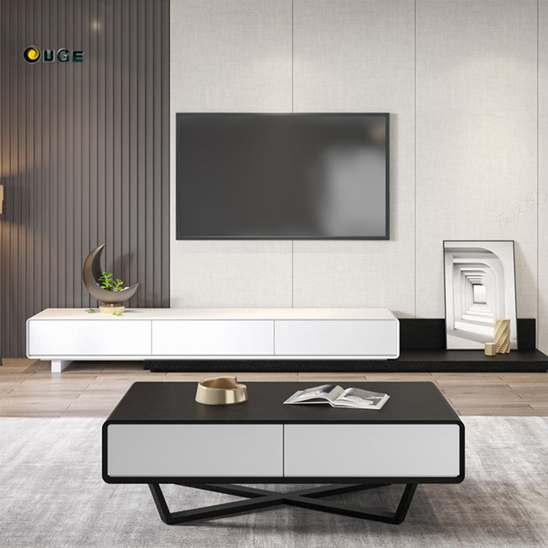 Une table basse d'angle à quatre tiroirs minimaliste, H 15,74 po x L 47,24 po x l 23,62 po, Noir / blanc