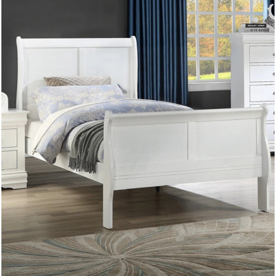 Louis Phillipe White Finish Twin Size Panel Sleigh Bed with No Box Spring Needed - Solid Wood Wooden Bedroom Furniture