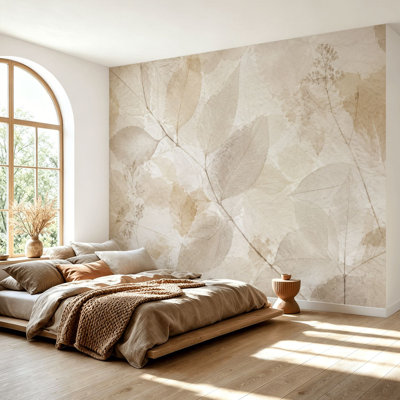 Papier peint mural adhésif à motif botanique de feuilles, tons beige et blanc, amovible, pour salon et chambre (96 po de large).