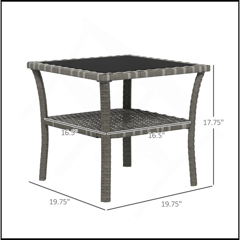 Side Table, Outdoor End Table With Storage Shelf, Aluminum Frame, Tempered Glass Top, Weather-Resistant Design, Gray