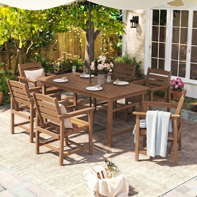 Ensemble de salle à manger rectangulaire pour 6 personnes avec 6 chaises, ensemble de table de salle à manger en PEHD, Teak
