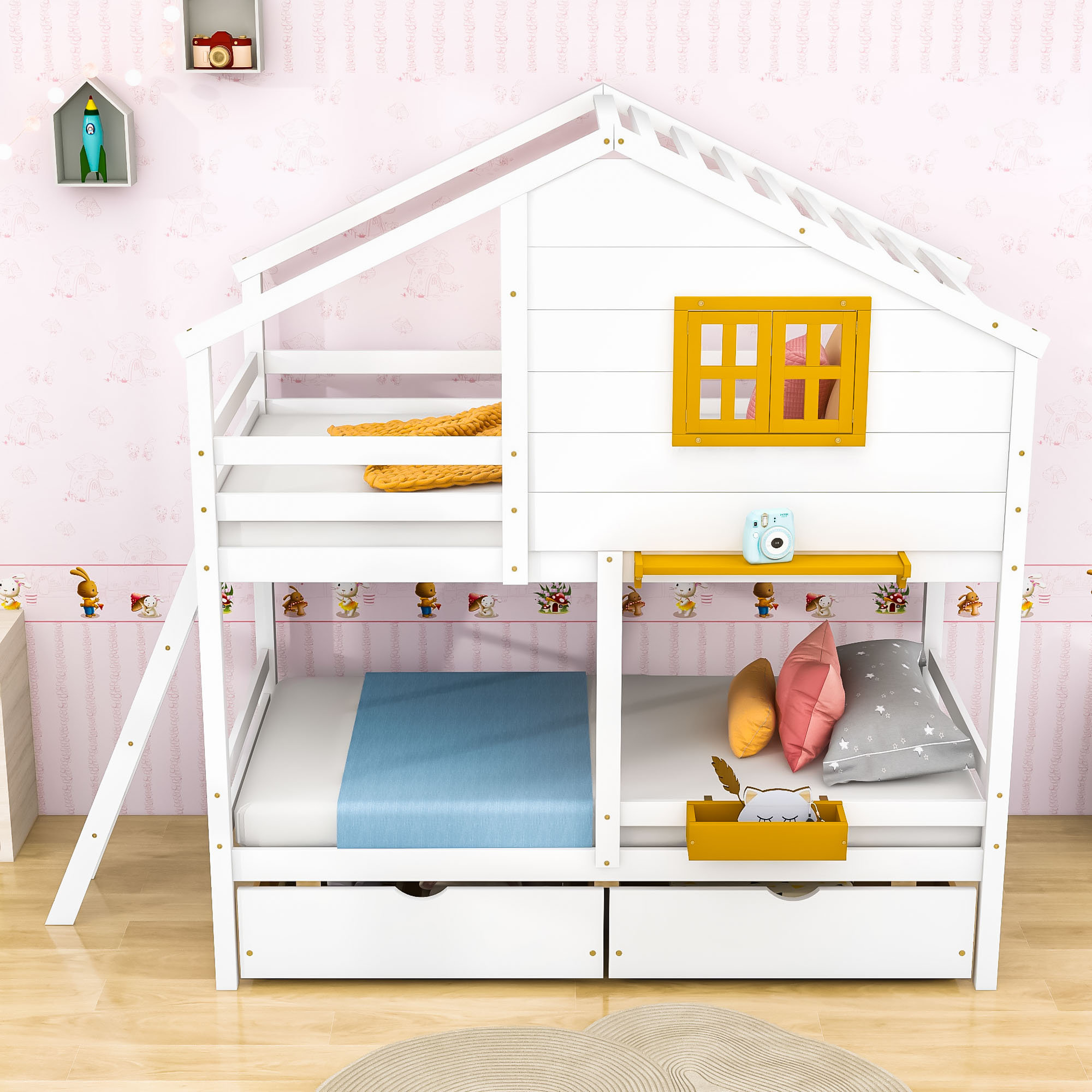 Harper Orchard Twin Over Twin 2 Drawers Wood House Bunk Bed - Wayfair ...