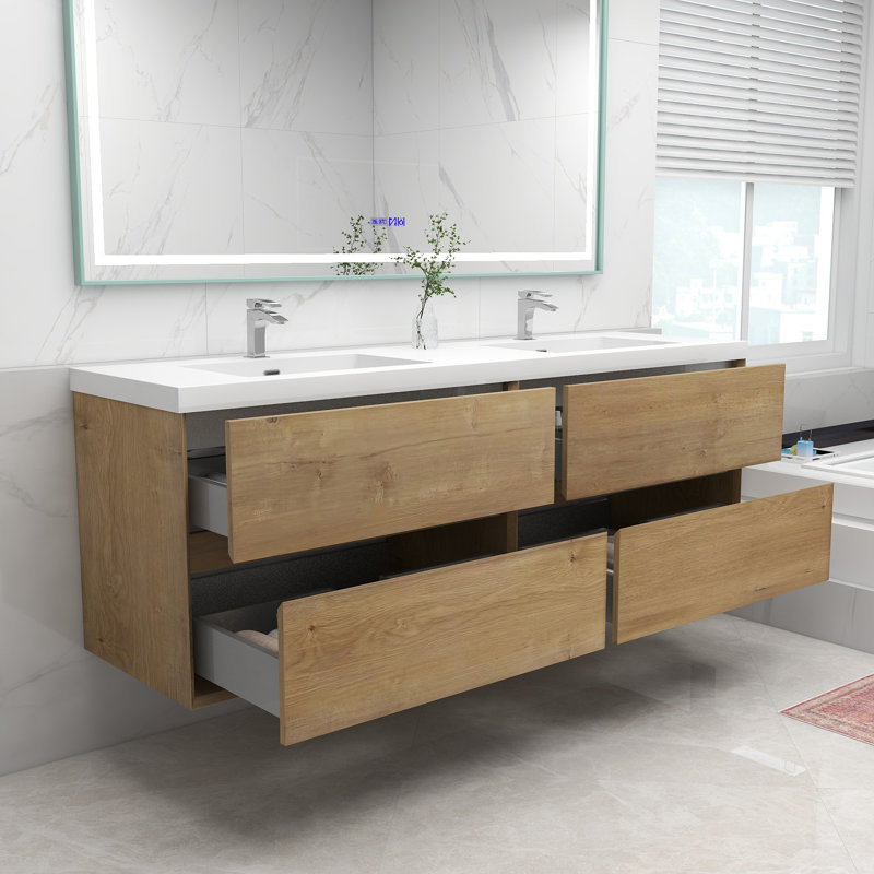 Freidin 70.8'' Double Bathroom Vanity with Acrylic Top, Dark Oak