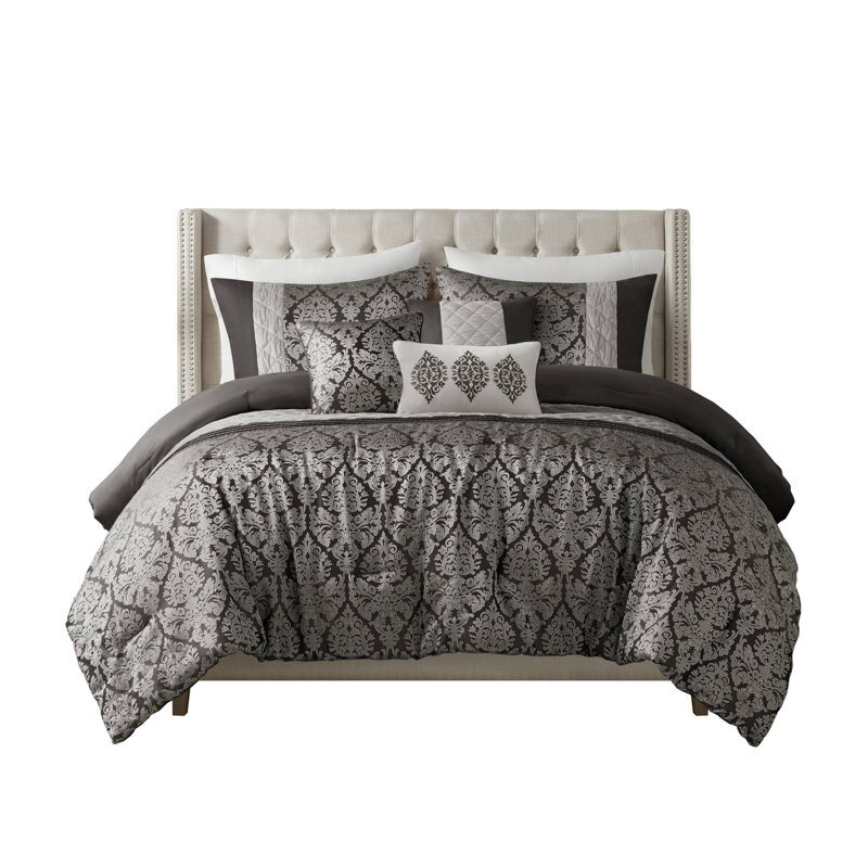 King Black Microfiber Jacquard Comforter Set with Throw Pillows