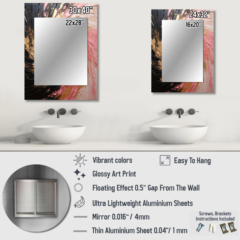 Minimalism Vortex Pink Poteries - Modern Rectangular Wall Mirror, 40" x 30"