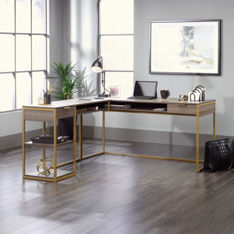 L-Shaped Writing Desk, Diamond Ash/Gold