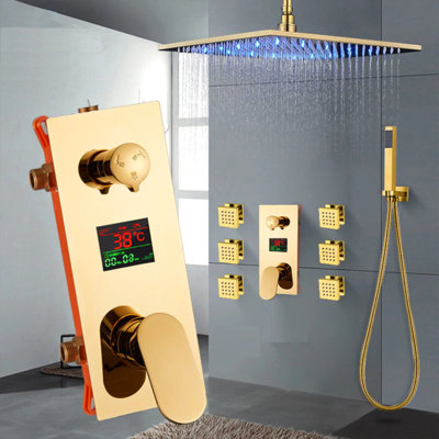 Système de douche de pluie mural de 16 pouces avec valve thermostatique et douchette