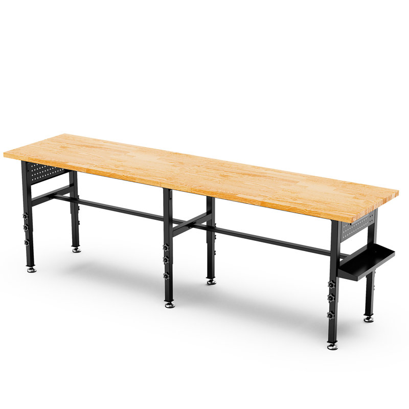 Établi extra-long de 244 cm (96 po) avec plateau en bois massif, capacité de 907 kg (2 000 lb), 4 hauteurs réglables, rangement latéral et prise électrique – Idéal pour un usage professionnel. Plateau de 244 cm (96 po), capacité de charge, coffre de rangement, roulettes.