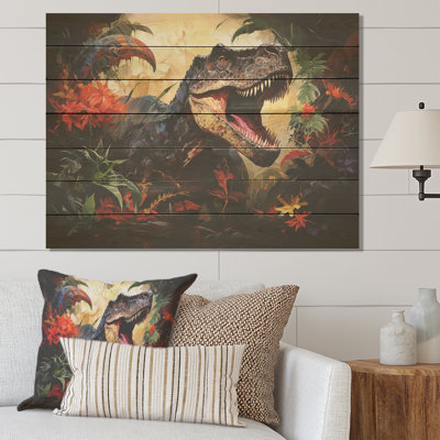 «Floral Tyrannosaurus Dinoasaur Jungle Portrait» - impression de dinosaure sur bois
