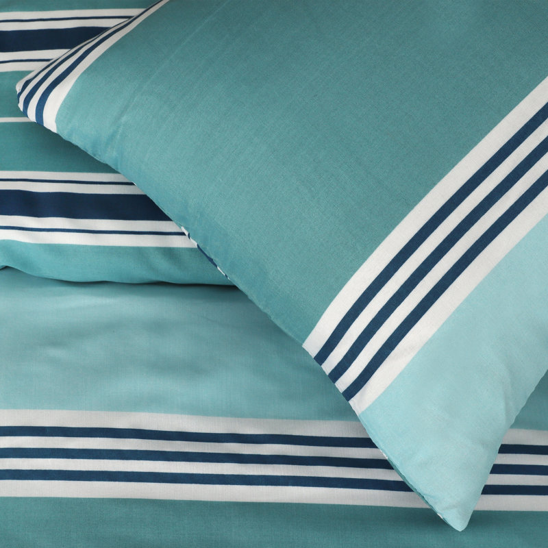 Cotton Blend Bedding, Single Duvet Cover + 1 Pillowcase, Teal Striped