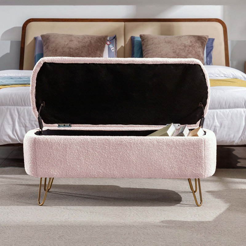 Banc de rangement avec repose-pieds avec fausse fourrure et pieds dorés, Rose