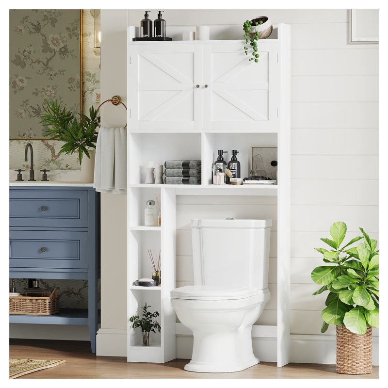 Armoire de rangement au-dessus de la toilette avec tablette réglable - économiseur d'espace de salle de bain avec portes doubles et tablettes ouvertes, organisateur de toilette autoportant blanc pour le rangement de la salle de bain