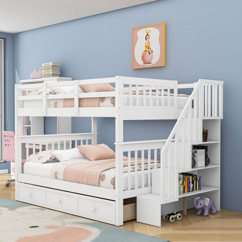  Lit superposé double en bois avec tiroirs et escalier Dila, Blanc