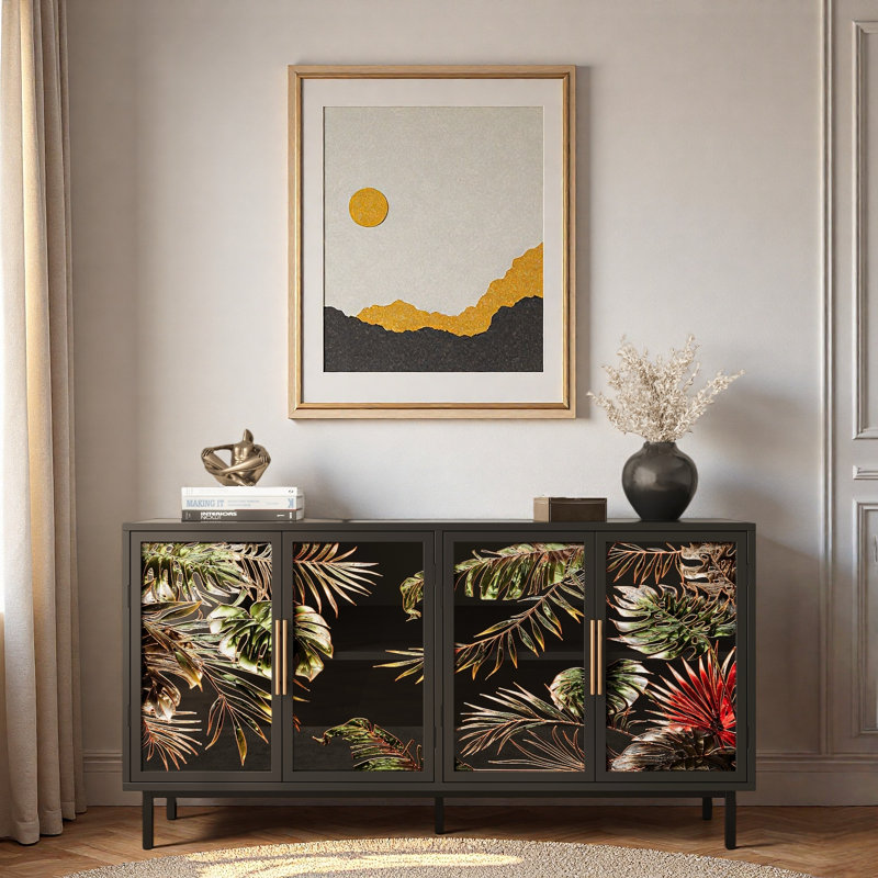Metal Iron Frame Sideboard With Stained Tropical Plant Glass Doors, Golden Handles And Sturdy Legs